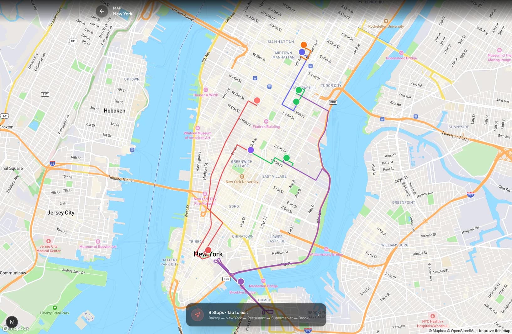 gotrippin trip route map with stops along the path